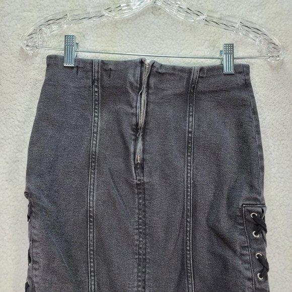 Free People Charcoal Black Denim Stretch Lace Up Slim Grunge Slim Pencil Skirt - Picture 10 of 15